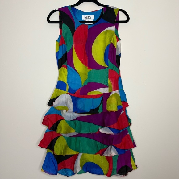 VTG CRISCA Artsy Contemporary Art to Wear Geometric 80s 90s Ruffle Mini Dress - Picture 1 of 10